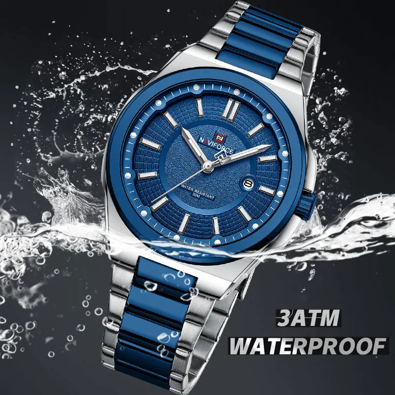 NAVIFORCE New Men's Watch Stainless Steel Strap Military Casual WristWatches Male Business Waterproof Quartz Calendar Clock