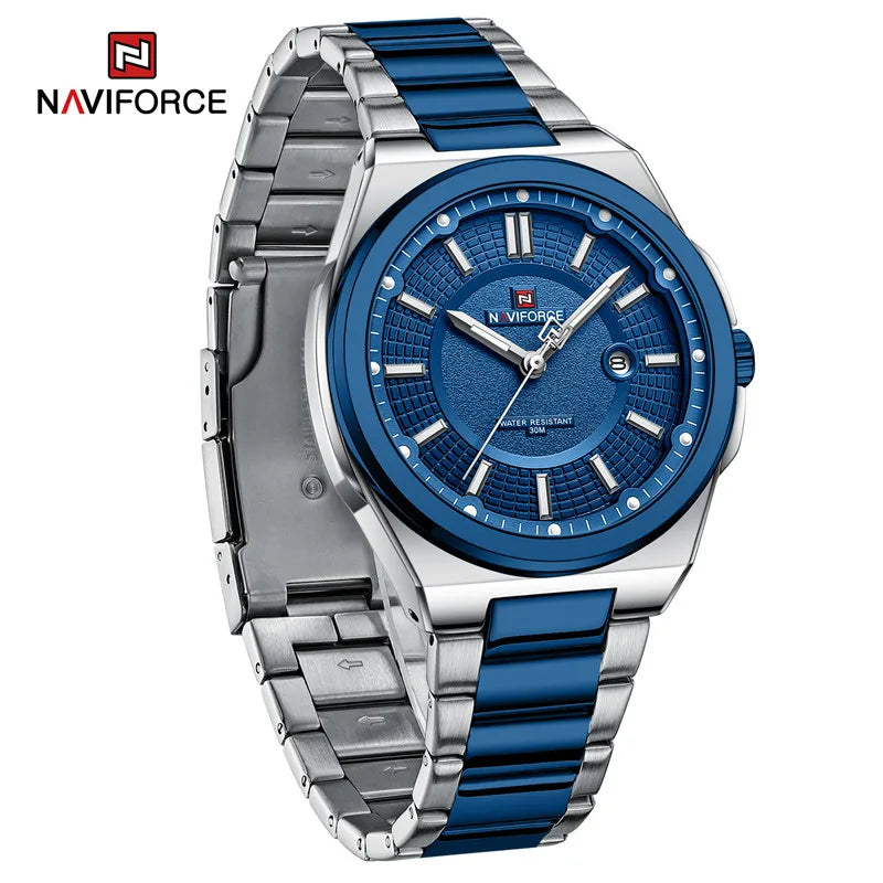 NAVIFORCE New Men's Watch Stainless Steel Strap Military Casual WristWatches Male Business Waterproof Quartz Calendar Clock